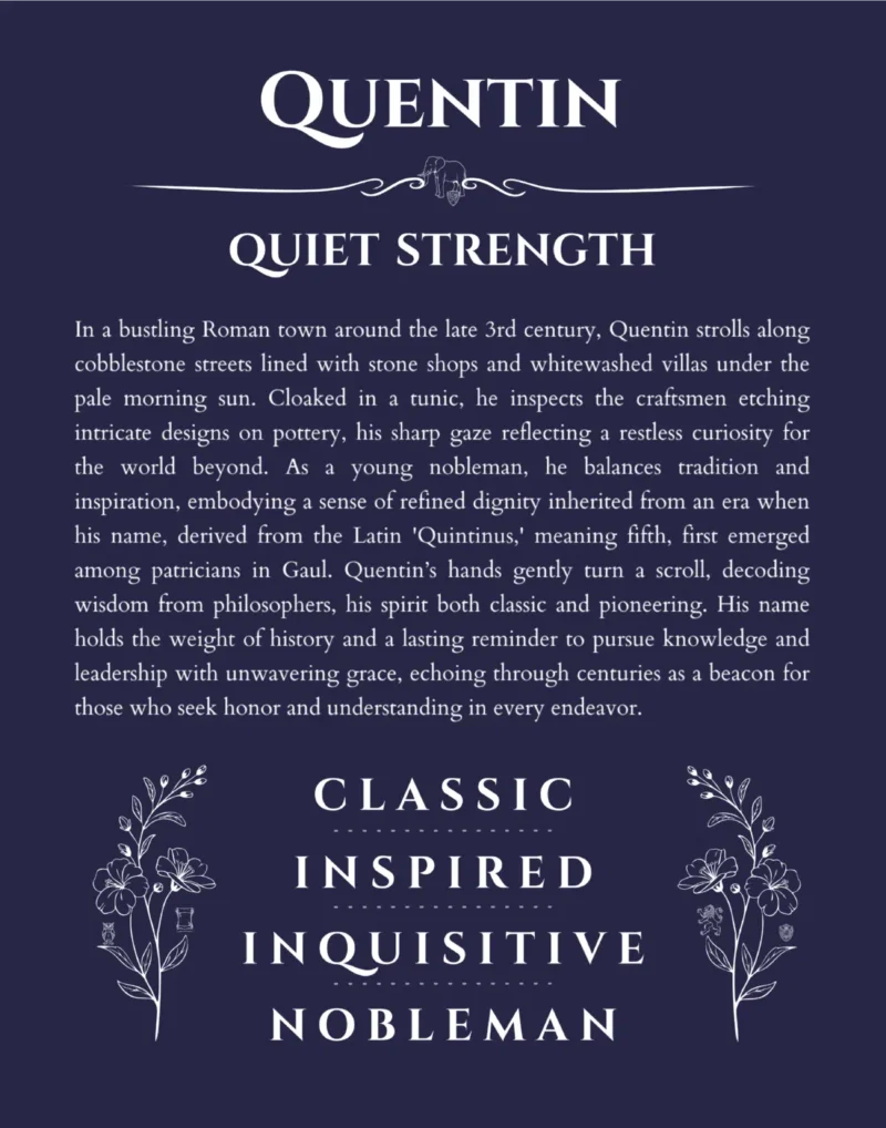 Quentin personalized name print with origin and traits in navy blue
