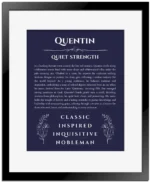 Quentin personalized name print with origin and traits in navy blue with black matte frame