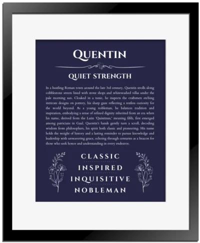 Quentin personalized name print with origin and traits in navy blue with black matte frame