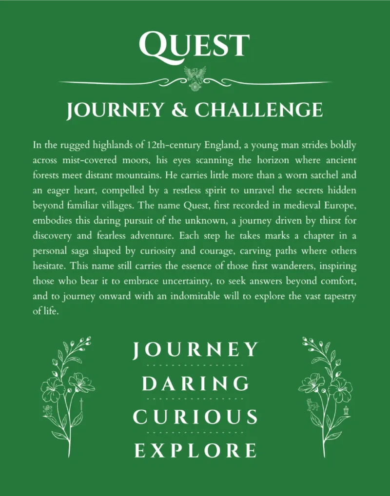 Quest personalized name print with origin and traits in dark green
