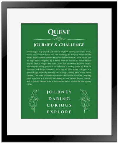 Quest personalized name print with origin and traits in dark green with black matte frame