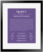 Quincy name meaning wall art by Get Your Story in purple with black matte frame