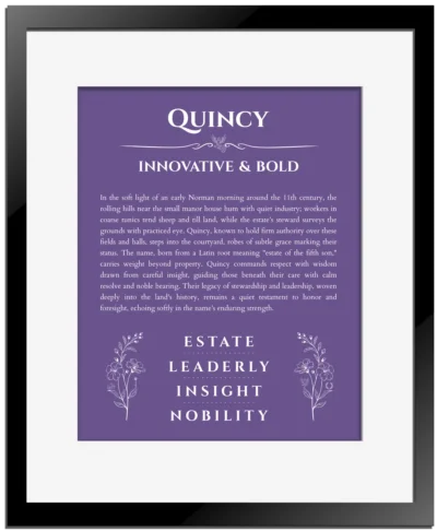 Quincy name meaning wall art by Get Your Story in purple with black matte frame