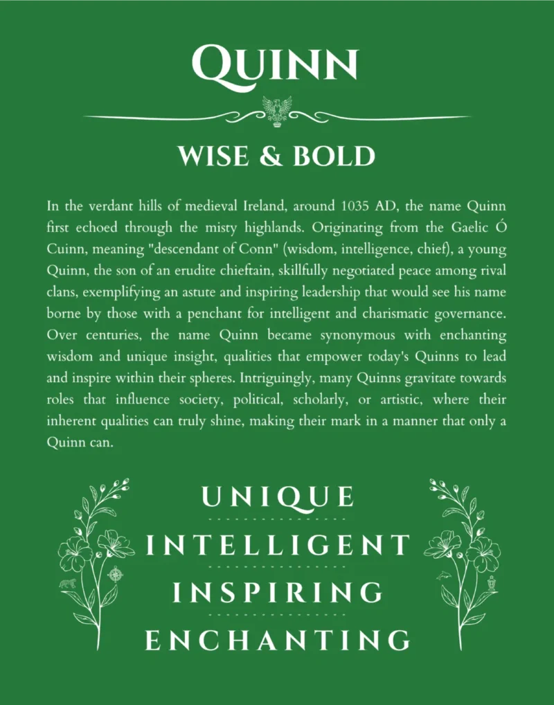 Quinn name origin print with meaning and traits in dark green