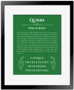 Quinn name origin print with meaning and traits in dark green with black matte frame