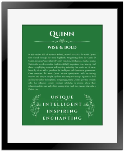Quinn name origin print with meaning and traits in dark green with black matte frame