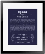 Quinn name meaning keepsake print in navy blue with black matte frame