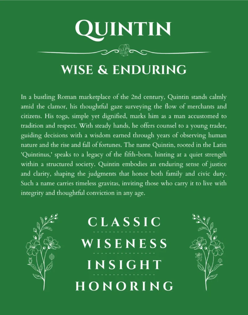 Quintin custom name art showing meaning and origin in dark green