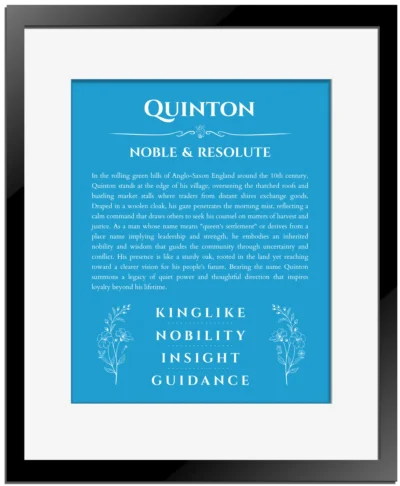 Quinton personalized name meaning print in blue with black matte frame