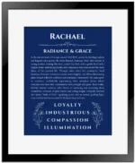 Rachael personalized name meaning print in deep blue with black matte frame