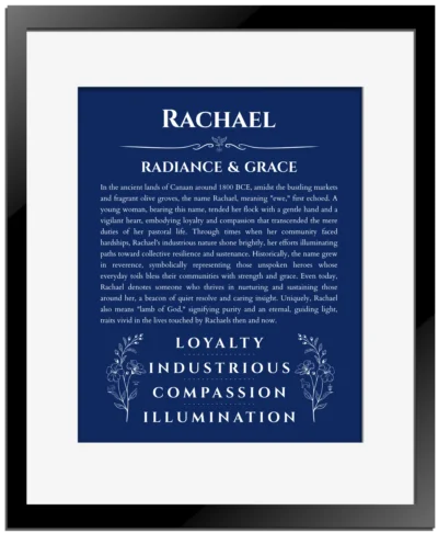 Rachael personalized name meaning print in deep blue with black matte frame