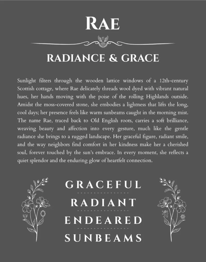 Rae name origin print with meaning and traits in gray