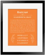Raegan name meaning wall art by Get Your Story in orange with black matte frame