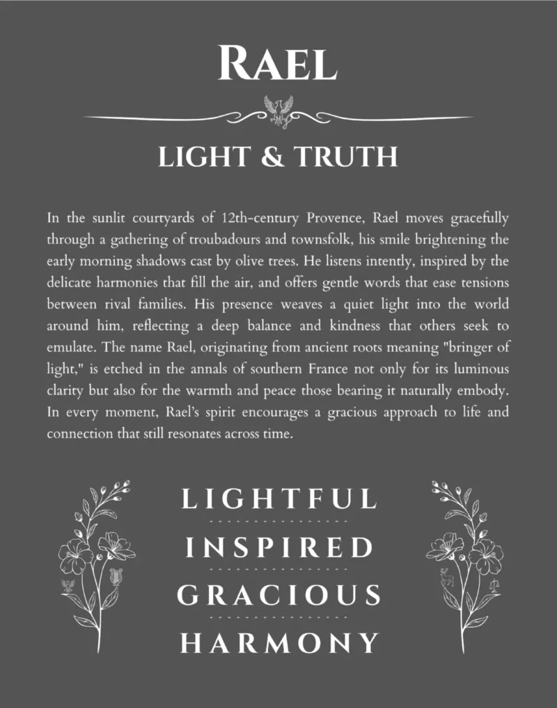 Rael custom name art showing meaning and origin in gray