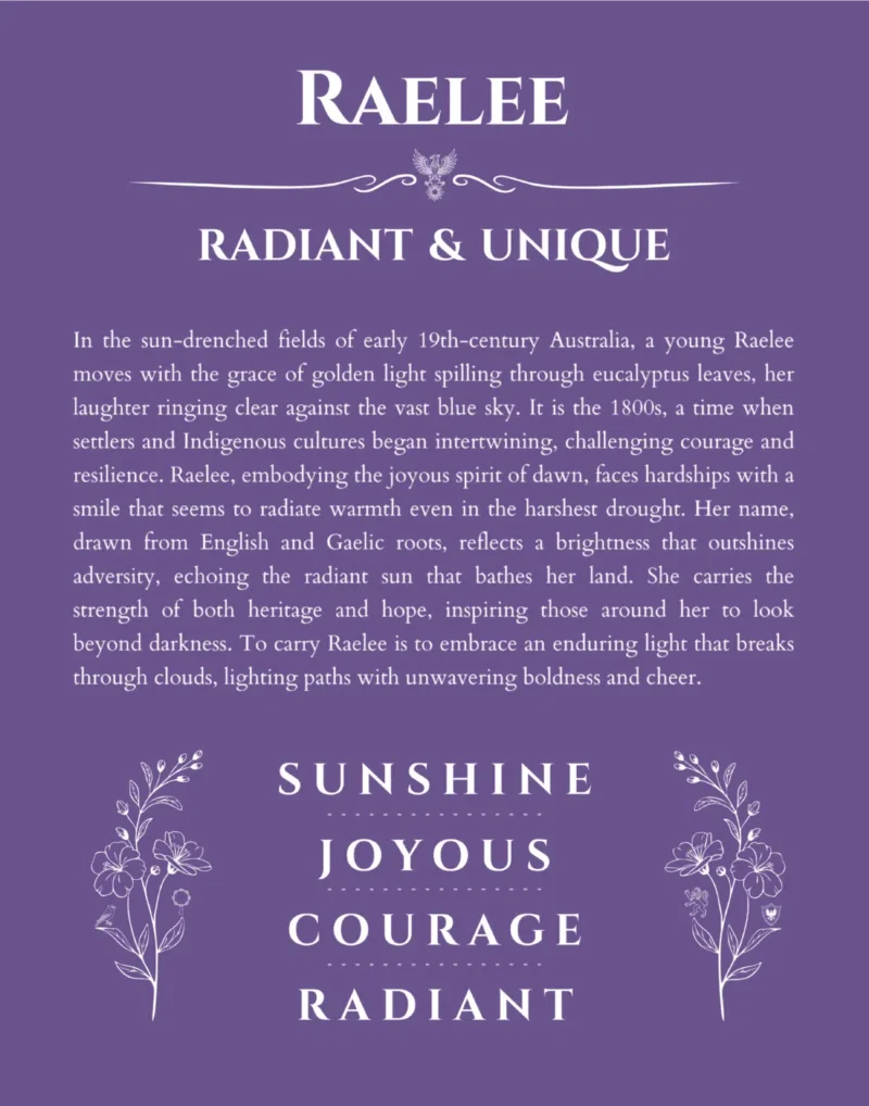 Raelee personalized wall art with the story of your name in purple