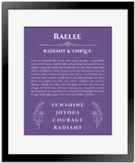 Raelee personalized wall art with the story of your name in purple with black matte frame