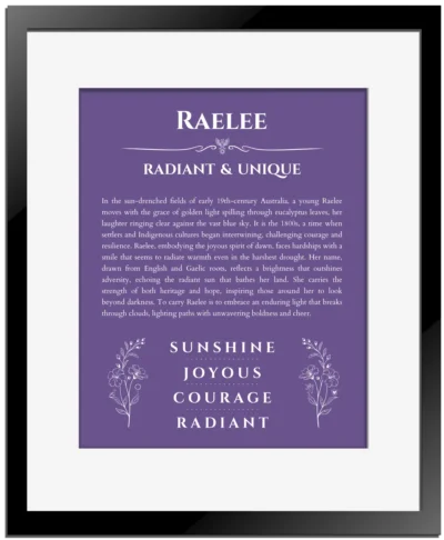 Raelee personalized wall art with the story of your name in purple with black matte frame