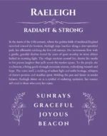 Raeleigh personalized name art with origin story in purple