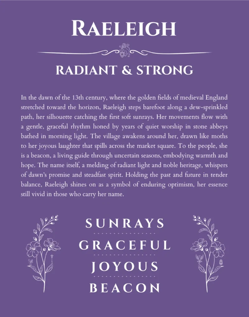 Raeleigh personalized name art with origin story in purple