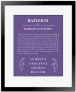 Raeleigh personalized name art with origin story in purple with black matte frame