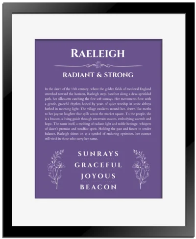 Raeleigh personalized name art with origin story in purple with black matte frame