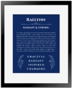 Raelynn custom name meaning print in deep blue with black matte frame