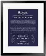 Rafael custom name meaning print in navy blue with black matte frame