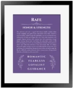Rafe personalized wall art with the story of your name in purple with black matte frame