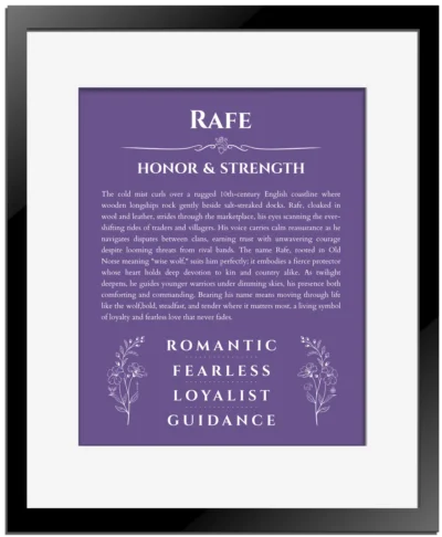 Rafe personalized wall art with the story of your name in purple with black matte frame