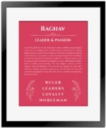 Raghav personalized name meaning print in red with black matte frame