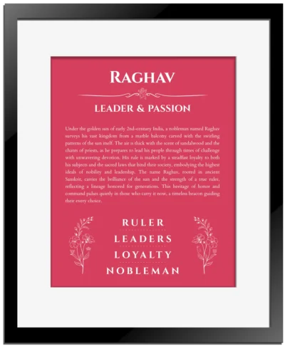 Raghav personalized name meaning print in red with black matte frame