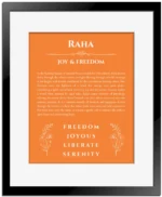 Raha personalized name print with origin and traits in orange with black matte frame