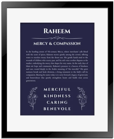 Raheem custom name meaning print in navy blue with black matte frame