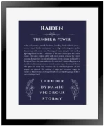 Raiden personalized name meaning print in navy blue with black matte frame