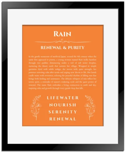 Rain custom name meaning print in orange with black matte frame
