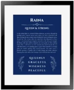 Raina name meaning wall art by Get Your Story in deep blue with black matte frame