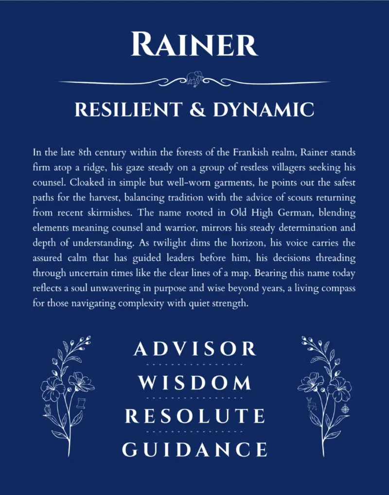 Rainer name origin print with meaning and traits in deep blue