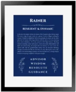Rainer name origin print with meaning and traits in deep blue with black matte frame