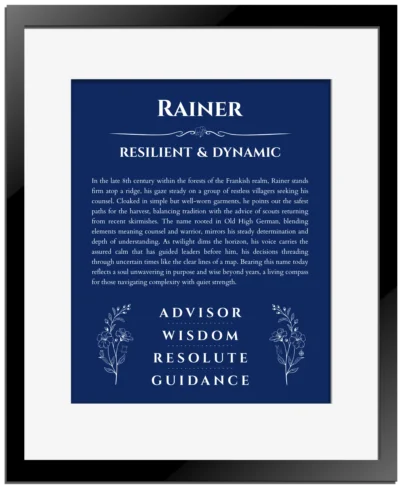 Rainer name origin print with meaning and traits in deep blue with black matte frame