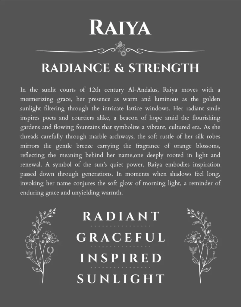 Raiya name origin print with meaning and traits in gray