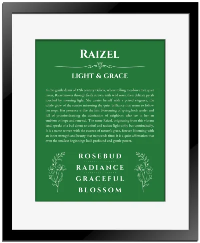 Raizel personalized name art with origin story in dark green with black matte frame