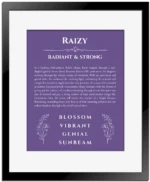 Raizy name meaning wall art by Get Your Story in purple with black matte frame