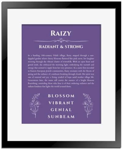 Raizy name meaning wall art by Get Your Story in purple with black matte frame