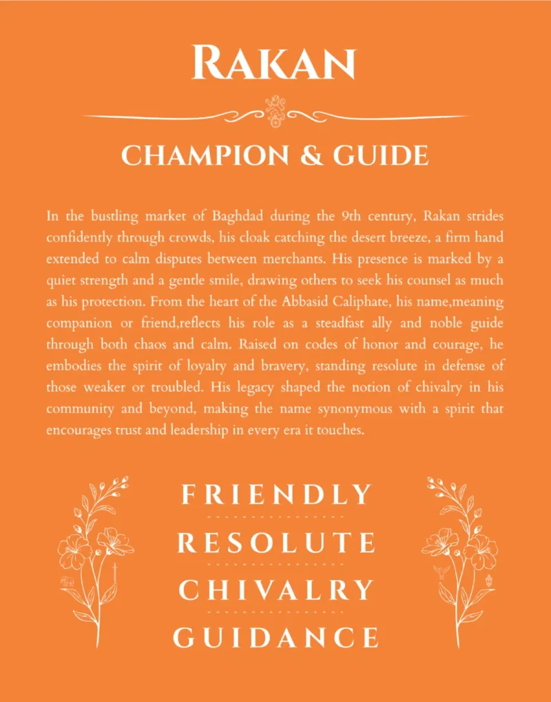 Rakan name origin print with meaning and traits in orange