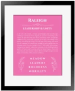 Raleigh custom name art showing meaning and origin in pink with black matte frame