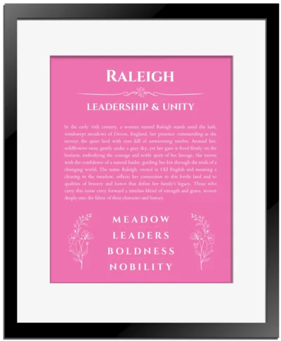 Raleigh custom name art showing meaning and origin in pink with black matte frame