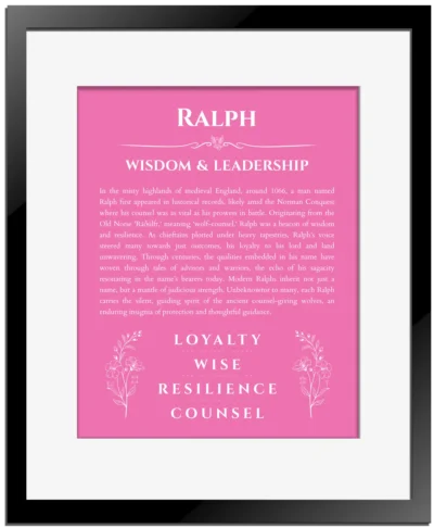 Ralph personalized name art with origin story in pink with black matte frame
