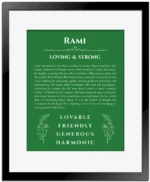 Rami personalized name art with origin story in dark green with black matte frame