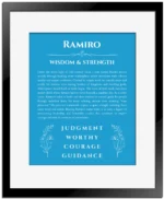 Ramiro custom name print for wall display in blue with black matte frame