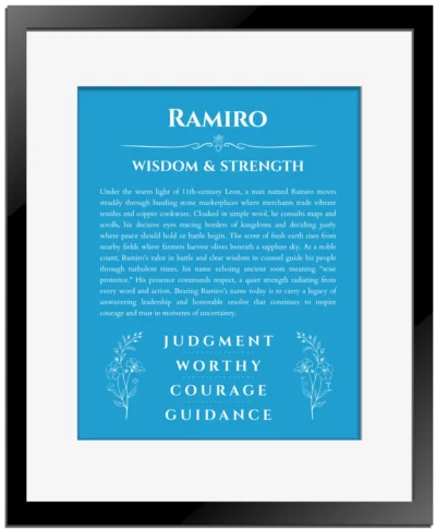 Ramiro custom name print for wall display in blue with black matte frame